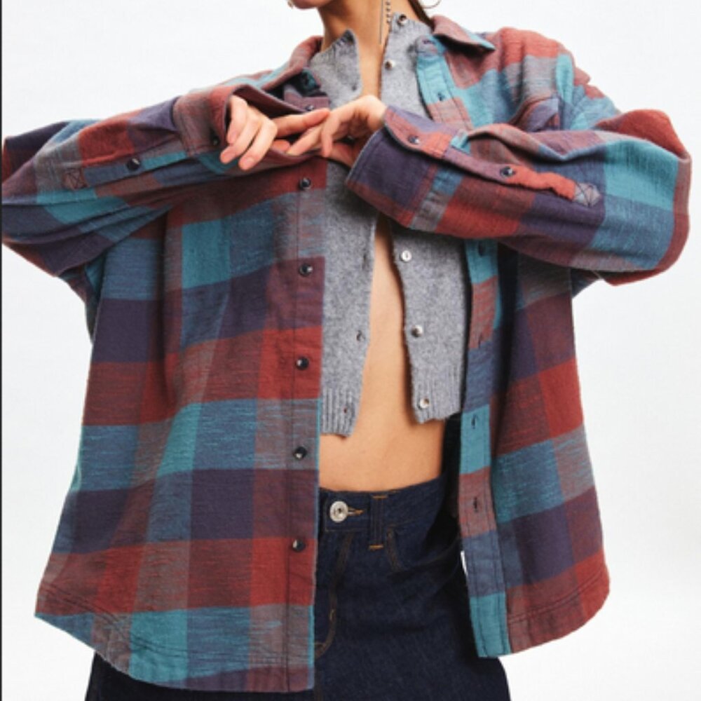BDG Dani Oversized Flannel Shirt Red Blue Top Urban Outfitters Jacket S